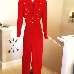 80's Vintage Red LS Ornate JUMPSUIT La Costa Spa OC Carlsbad Glitzy Pantsuit S/M